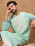 Men Blue Silk Blend Solid Embroidered Straight Kurta-MKU1511