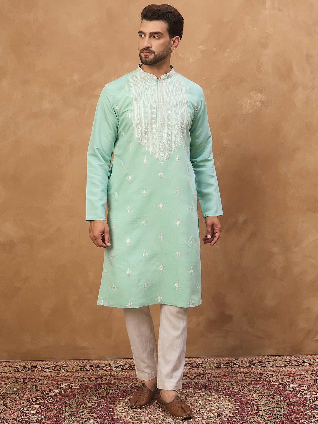 Men Blue Silk Blend Solid Embroidered Straight Kurta-MKU1511
