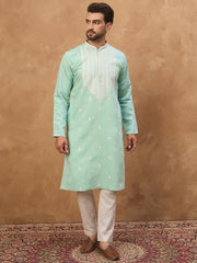 Men Blue Silk Blend Solid Embroidered Straight Kurta-MKU1511