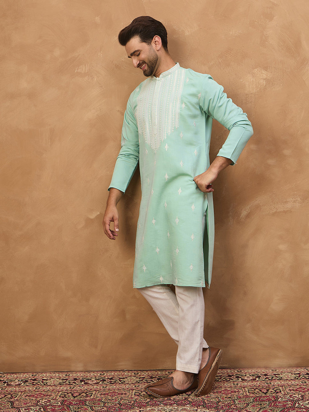 Men Blue Silk Blend Solid Embroidered Straight Kurta-MKU1511