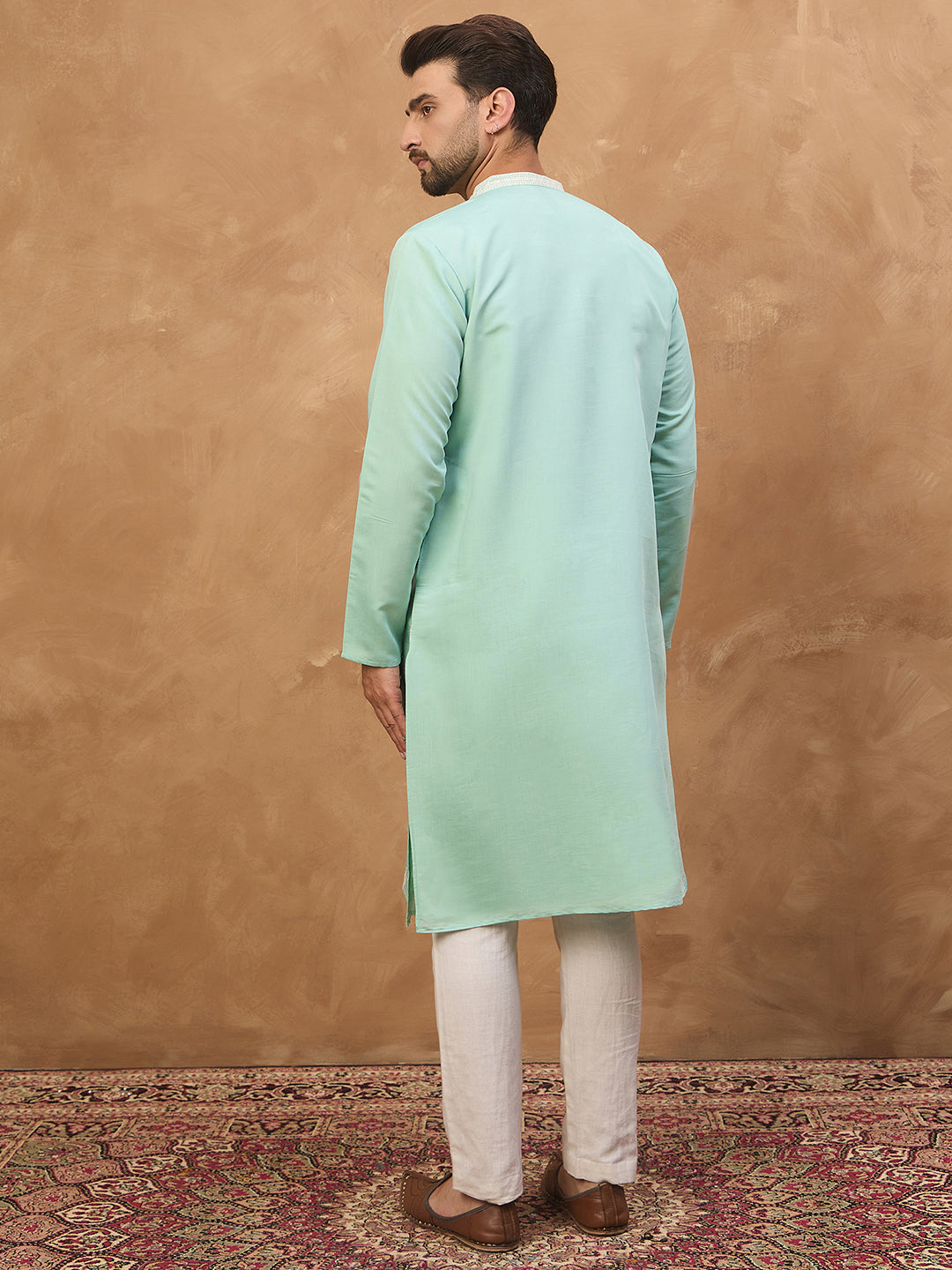 Men Blue Silk Blend Solid Embroidered Straight Kurta-MKU1511
