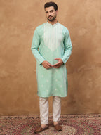 Men Blue Silk Blend Solid Embroidered Straight Kurta-MKU1511