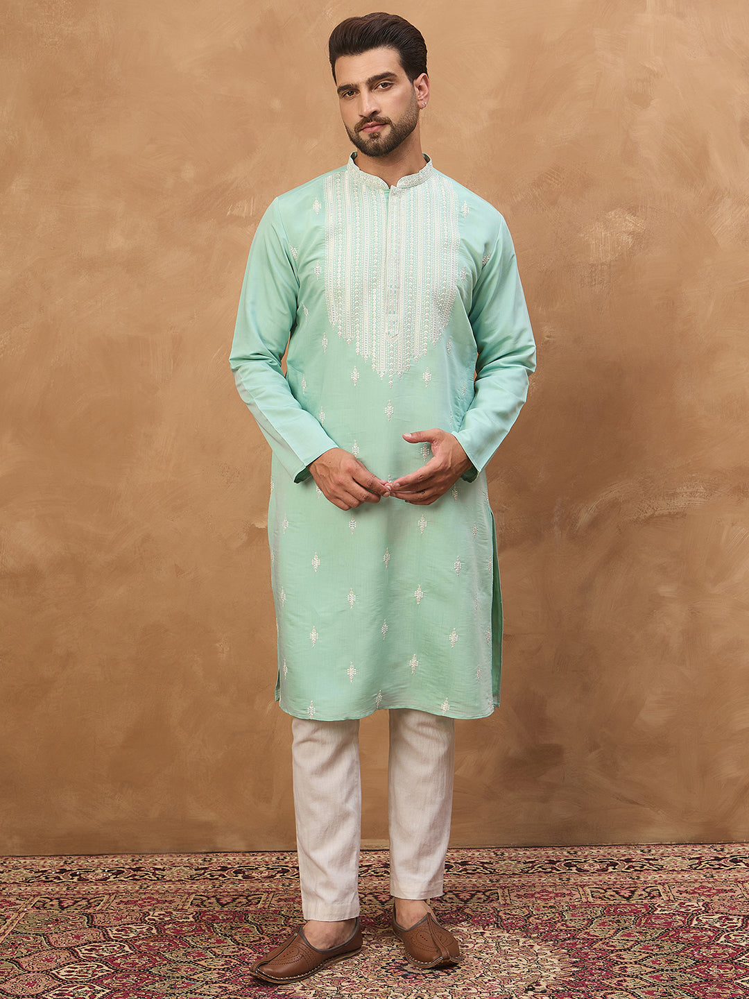 Men Blue Silk Blend Solid Embroidered Straight Kurta-MKU1511