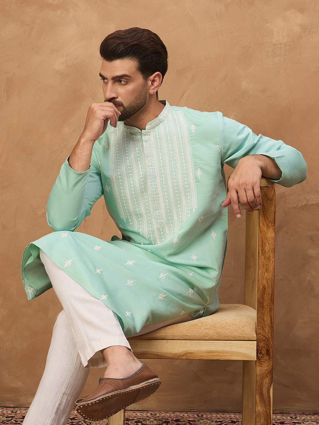 Men Blue Silk Blend Solid Embroidered Straight Kurta-MKU1511