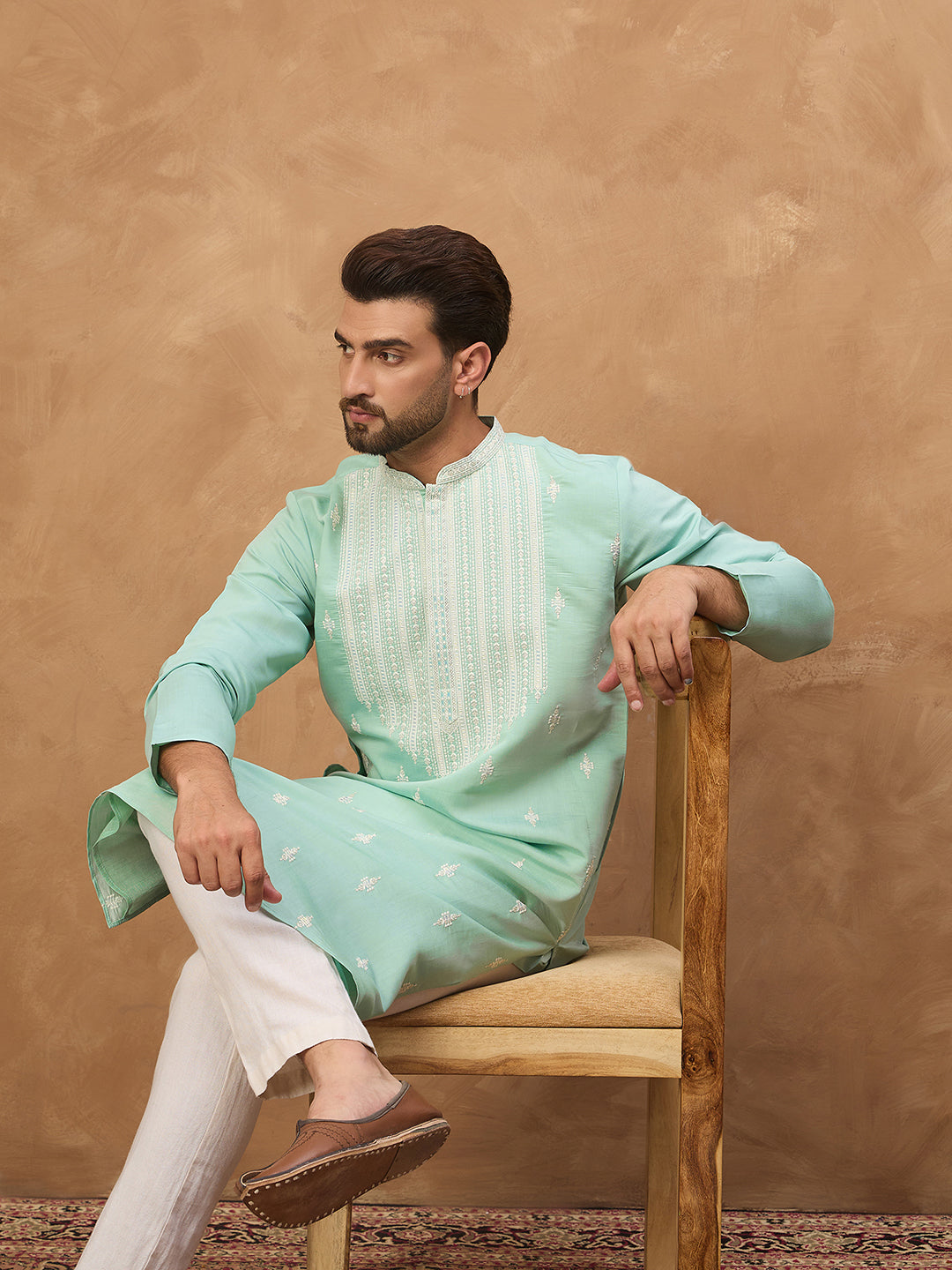 Men Blue Silk Blend Solid Embroidered Straight Kurta-MKU1511