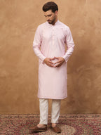 Men Pink Silk Blend Solid Embroidered Straight Kurta-MKU1512