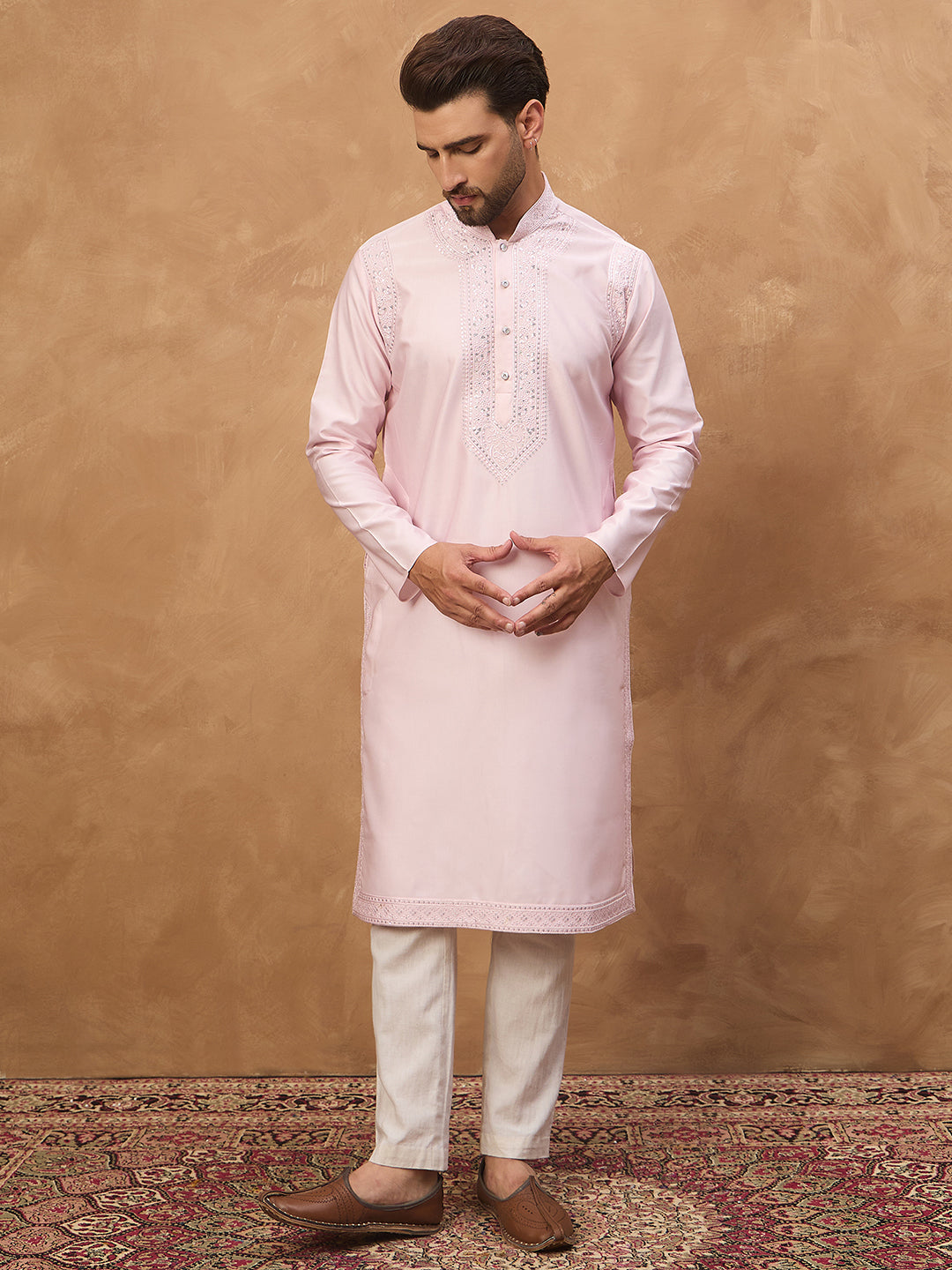 Men Pink Silk Blend Solid Embroidered Straight Kurta-MKU1512