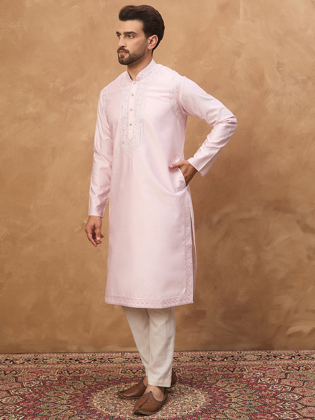 Men Pink Silk Blend Solid Embroidered Straight Kurta-MKU1512