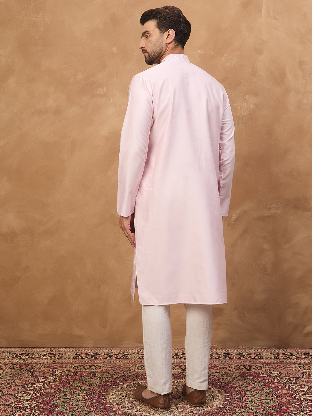 Men Pink Silk Blend Solid Embroidered Straight Kurta-MKU1512