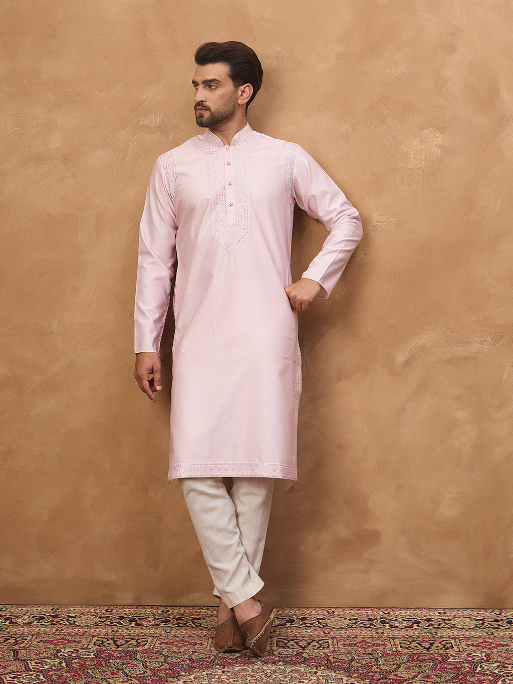 Men Pink Silk Blend Solid Embroidered Straight Kurta-MKU1512