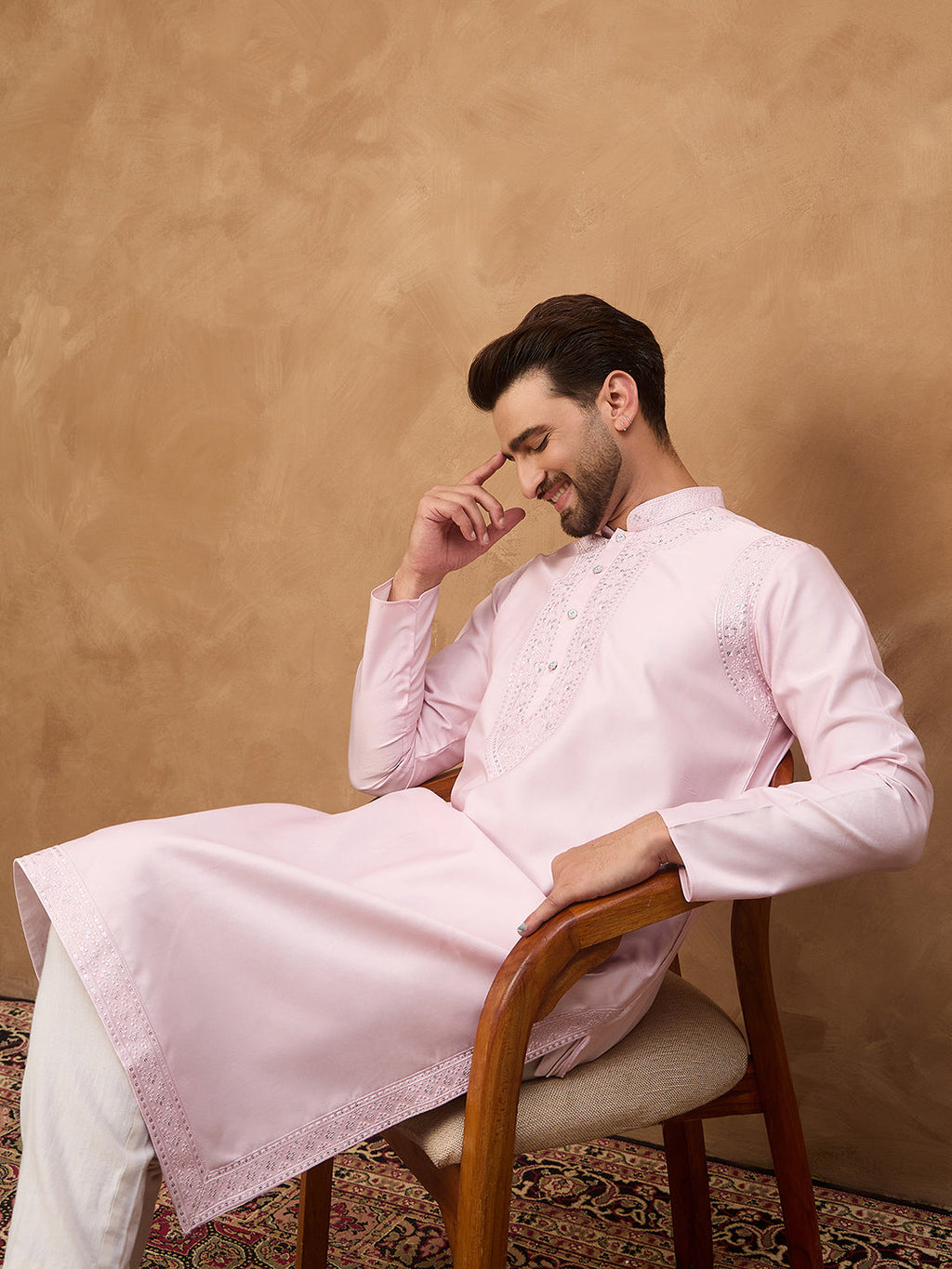 Men Pink Silk Blend Solid Embroidered Straight Kurta-MKU1512