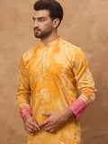 Men Yellow Silk Blend Batik Embroidered Straight Kurta-MKU1513