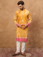 Men Yellow Silk Blend Batik Embroidered Straight Kurta-MKU1513