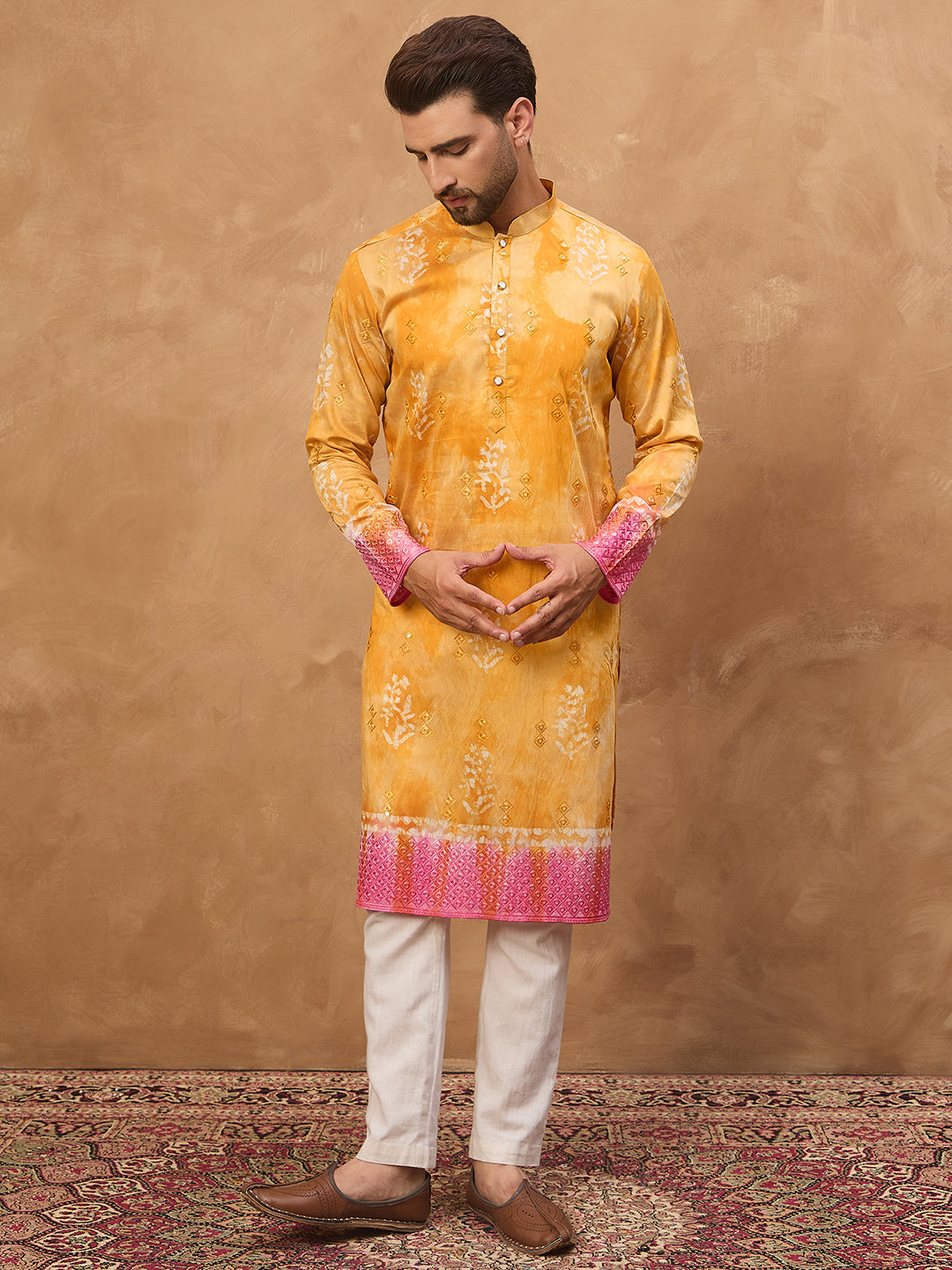 Men Yellow Silk Blend Batik Embroidered Straight Kurta-MKU1513