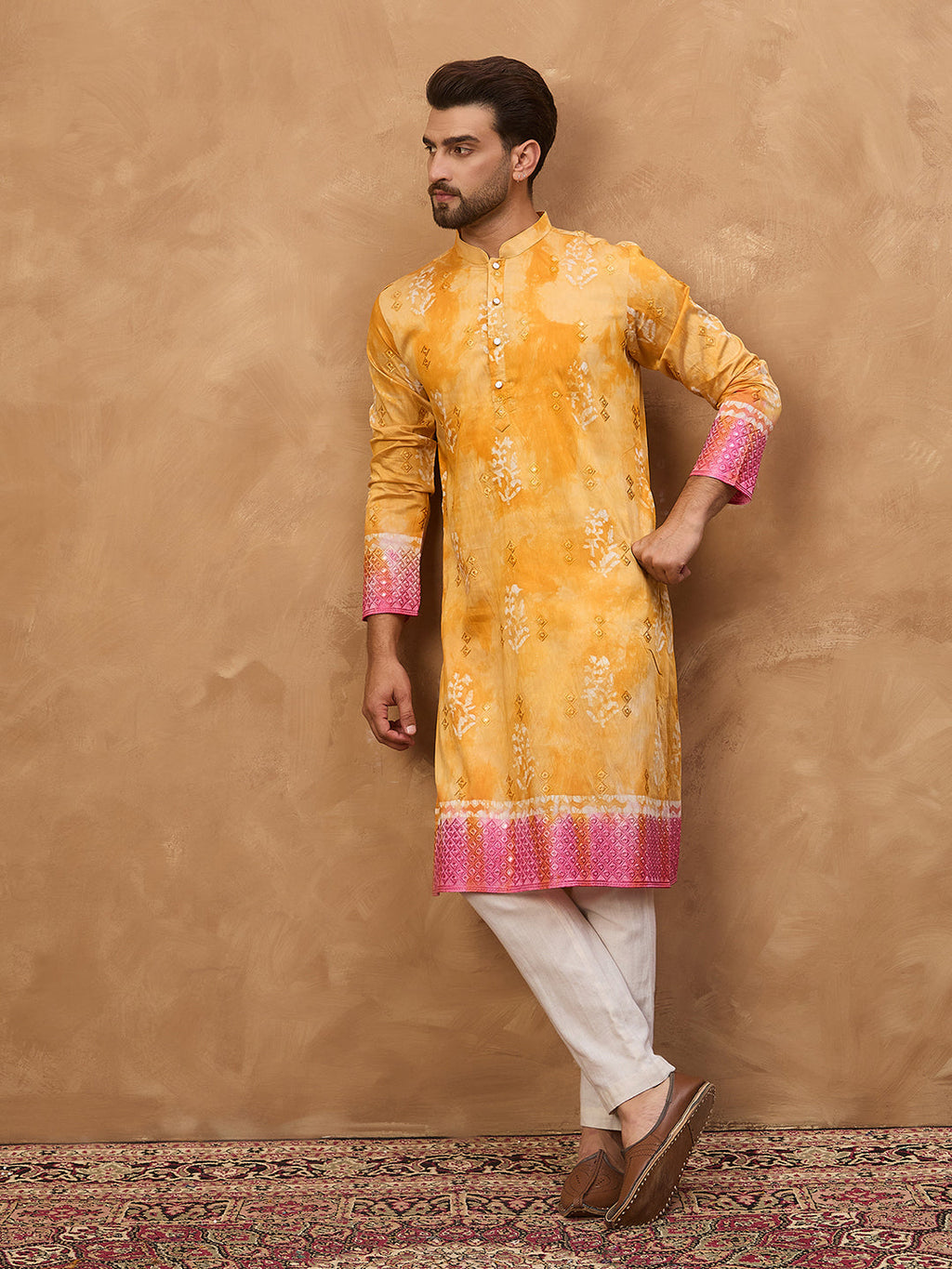 Men Yellow Silk Blend Batik Embroidered Straight Kurta-MKU1513