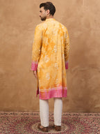 Men Yellow Silk Blend Batik Embroidered Straight Kurta-MKU1513