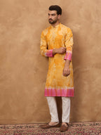 Men Yellow Silk Blend Batik Embroidered Straight Kurta-MKU1513