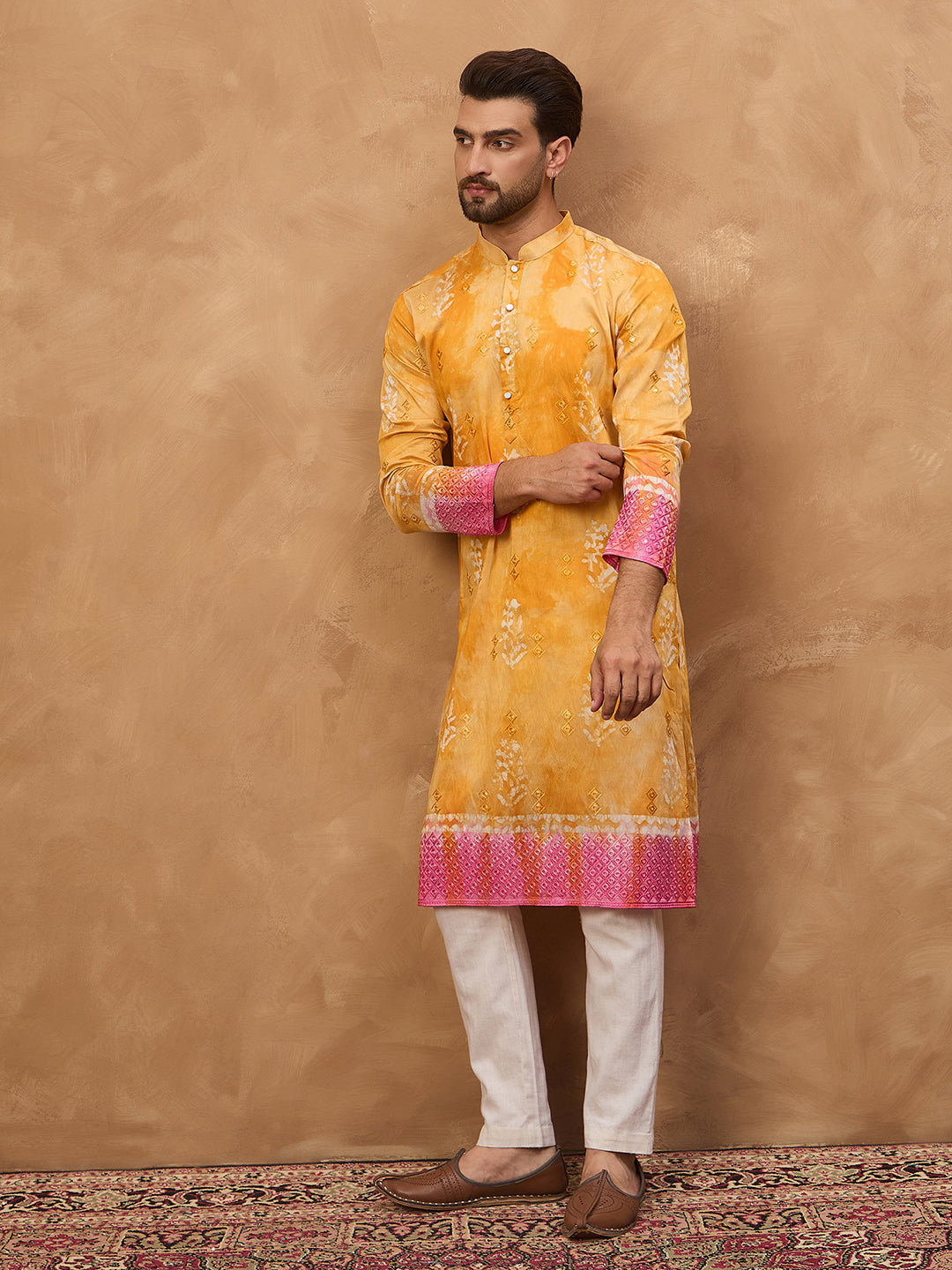 Men Yellow Silk Blend Batik Embroidered Straight Kurta-MKU1513