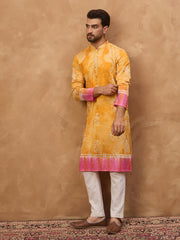 Men Yellow Silk Blend Batik Embroidered Straight Kurta-MKU1513