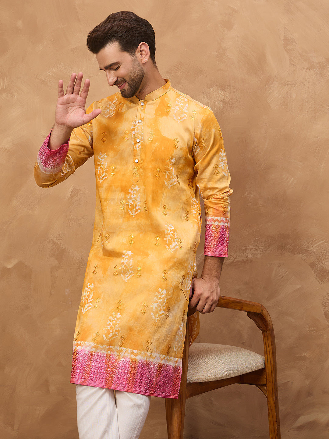 Men Yellow Silk Blend Batik Embroidered Straight Kurta-MKU1513