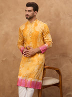 Men Yellow Silk Blend Batik Embroidered Straight Kurta-MKU1513