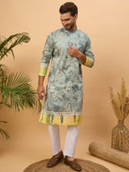 Men Green Silk Blend Batik Embroidered Straight Kurta-MKU1514