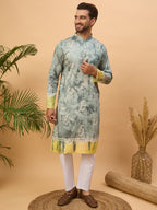 Men Green Silk Blend Batik Embroidered Straight Kurta-MKU1514