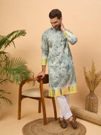 Men Green Silk Blend Batik Embroidered Straight Kurta-MKU1514
