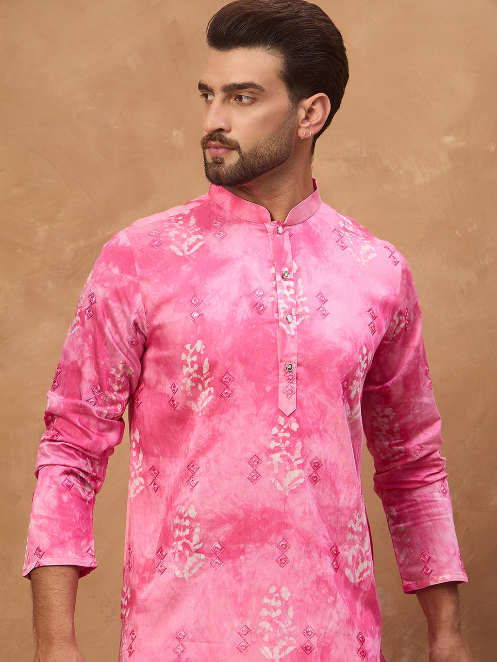 Men Pink Silk Blend Batik Embroidered Straight Kurta-MKU1515