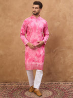 Men Pink Silk Blend Batik Embroidered Straight Kurta-MKU1515