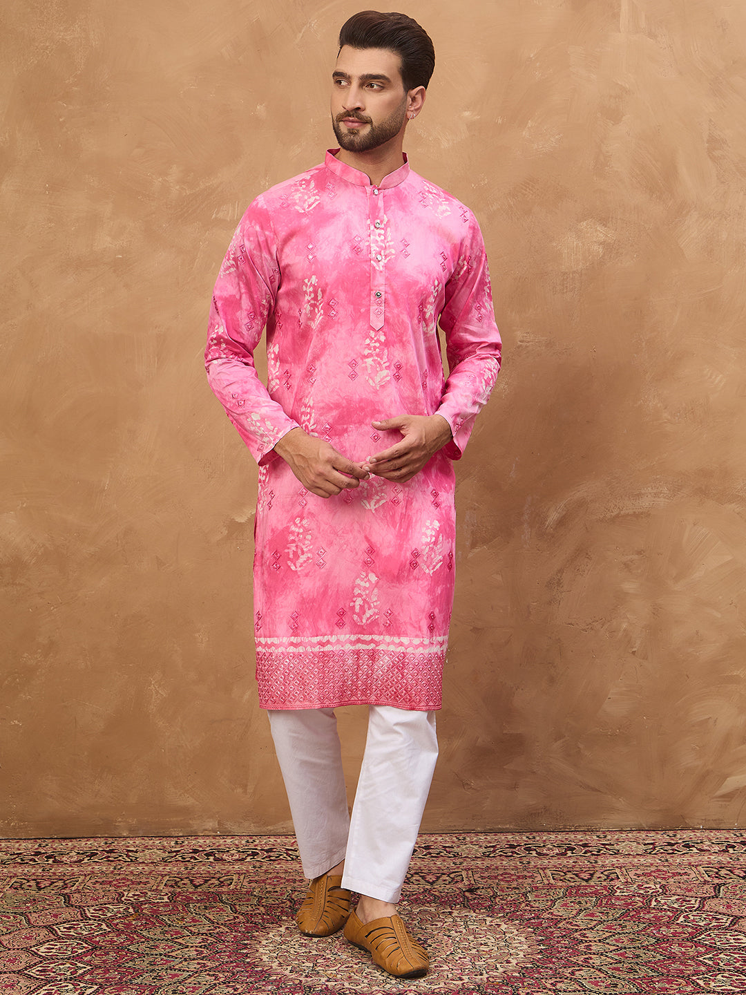 Men Pink Silk Blend Batik Embroidered Straight Kurta-MKU1515