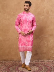 Men Pink Silk Blend Batik Embroidered Straight Kurta-MKU1515