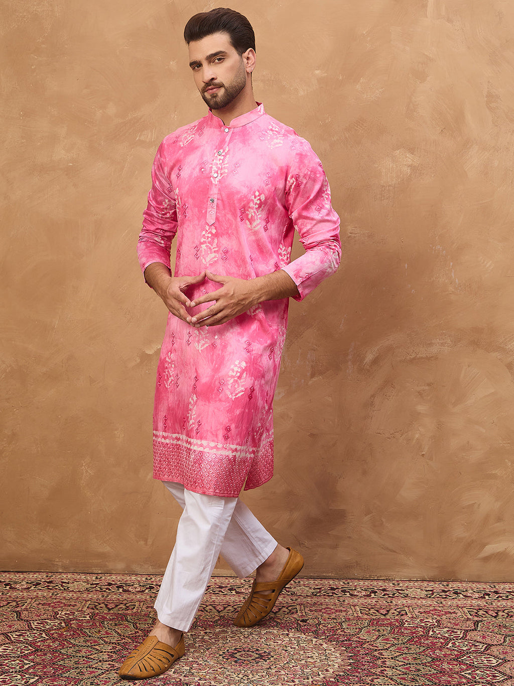Men Pink Silk Blend Batik Embroidered Straight Kurta-MKU1515