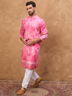 Men Pink Silk Blend Batik Embroidered Straight Kurta-MKU1515