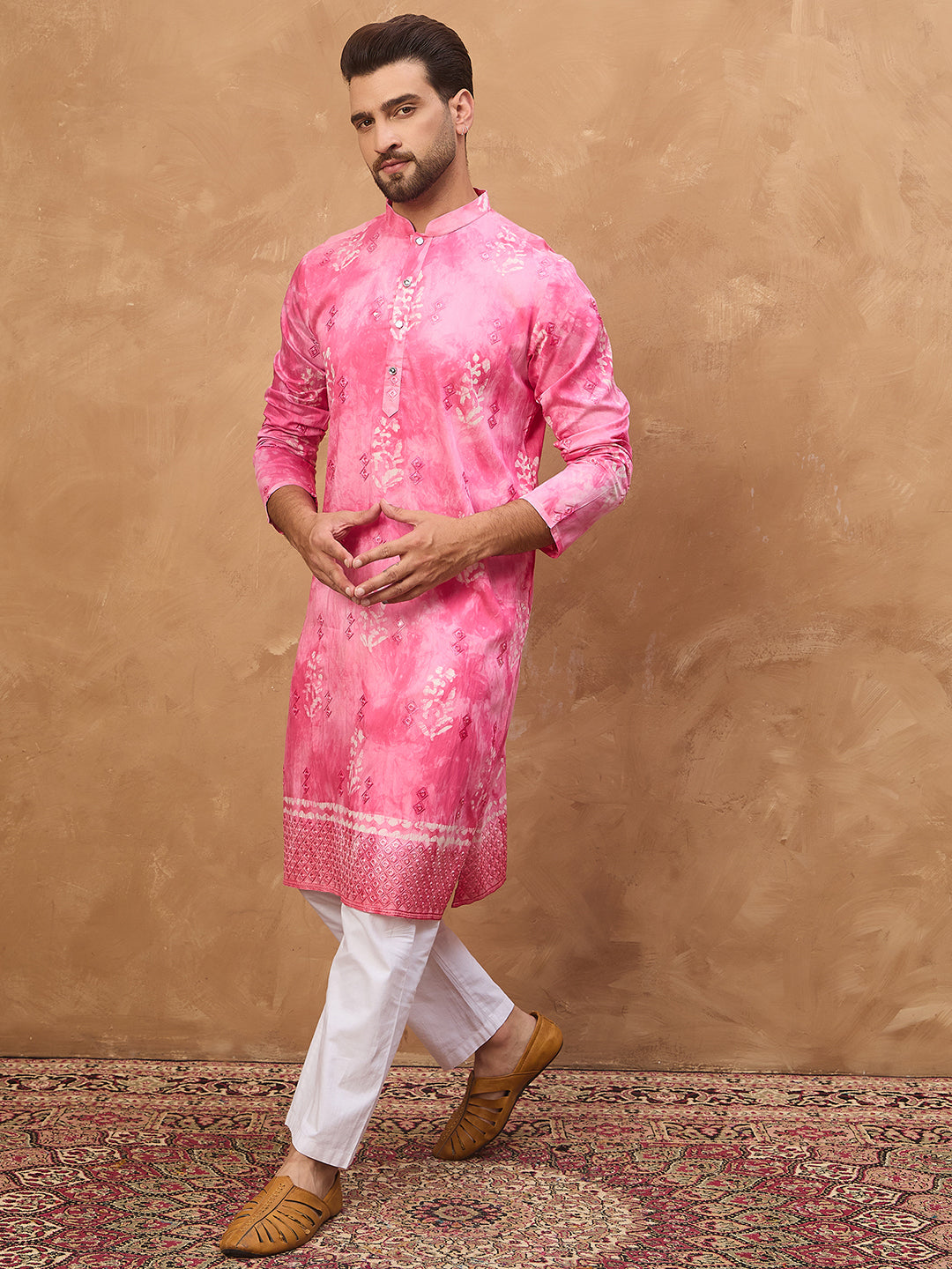 Men Pink Silk Blend Batik Embroidered Straight Kurta-MKU1515