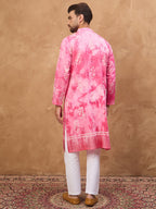 Men Pink Silk Blend Batik Embroidered Straight Kurta-MKU1515