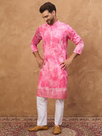 Men Pink Silk Blend Batik Embroidered Straight Kurta-MKU1515