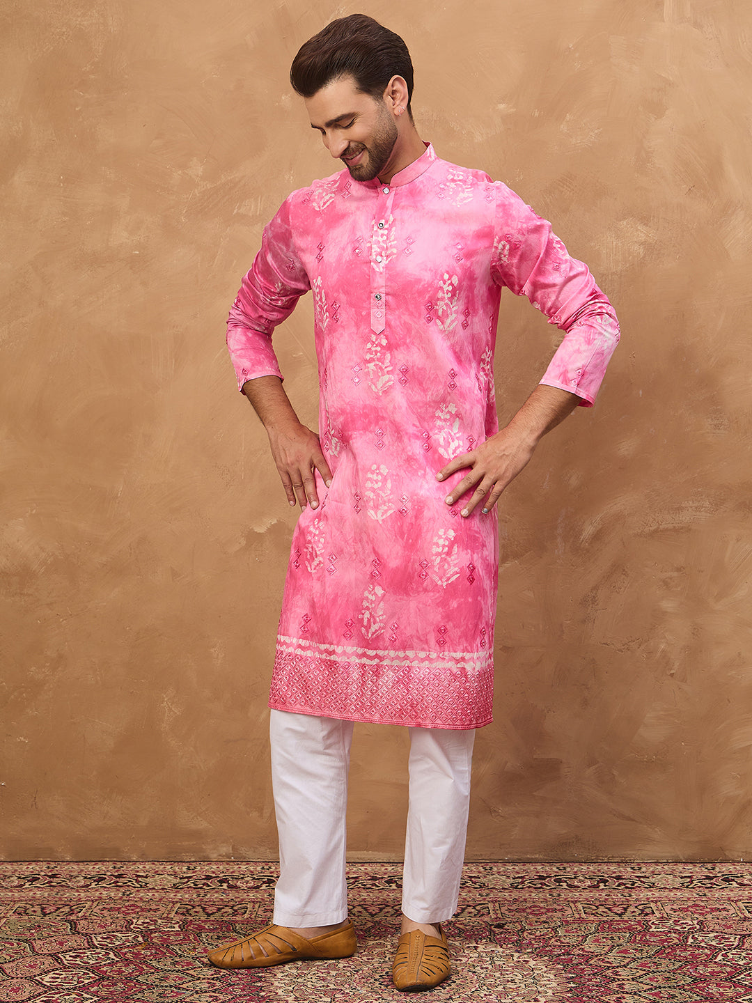 Men Pink Silk Blend Batik Embroidered Straight Kurta-MKU1515