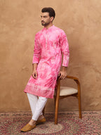 Men Pink Silk Blend Batik Embroidered Straight Kurta-MKU1515