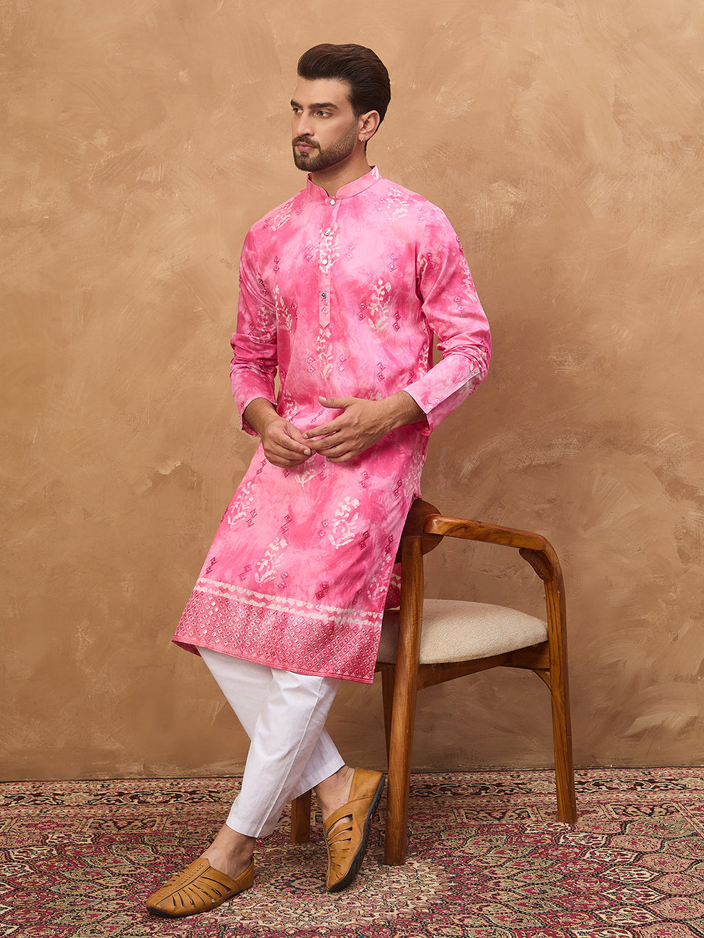 Men Pink Silk Blend Batik Embroidered Straight Kurta-MKU1515