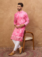 Men Pink Silk Blend Batik Embroidered Straight Kurta-MKU1515