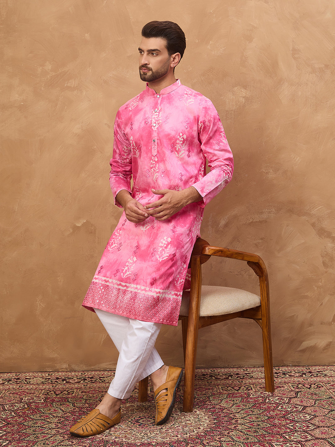Men Pink Silk Blend Batik Embroidered Straight Kurta-MKU1515