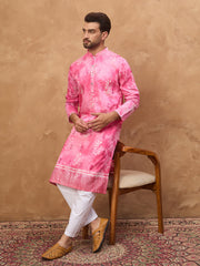 Men Pink Silk Blend Batik Embroidered Straight Kurta-MKU1515