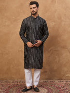 Men Black Silk Blend Geometric Printed Straight Kurta-MKU1516