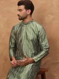 Men Green Silk Blend Geometric Embroidered Straight Kurta-MKU1517