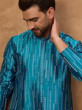 Men Blue Silk Blend Geometric Printed Straight Kurta-MKU1519