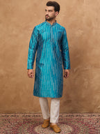 Men Blue Silk Blend Geometric Printed Straight Kurta-MKU1519