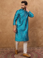 Men Blue Silk Blend Geometric Printed Straight Kurta-MKU1519