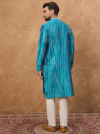 Men Blue Silk Blend Geometric Printed Straight Kurta-MKU1519