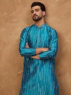 Men Blue Silk Blend Geometric Printed Straight Kurta-MKU1519